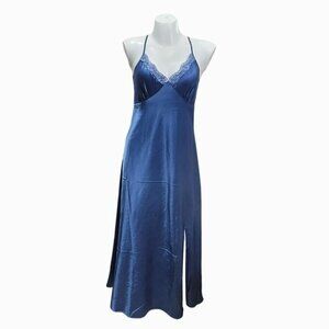 Satin Nightgown Chemise Slip Dress Blue L